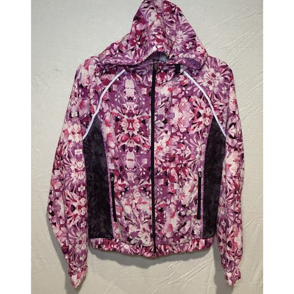 Champion Purple White Floral Full Zip Windbreaker Hooded Jacket Womens Medium